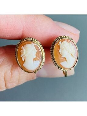 Vintage 14k Gold Carved Cameo Shell Screw Back Earrings For Non Pierced …